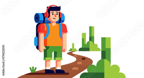 Adventurous Traveler Listening To Music And Hiking On A Trail Throughout Nature