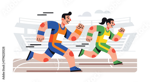 Athletes in Competitive Race on Track at Stadium with Energetic Movement Display