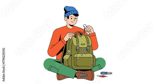 Adventurous Traveler Prepares His Backpack For Upcoming Outdoor Experiences