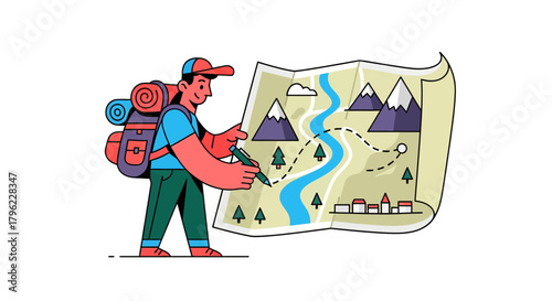 Adventurous Traveler Planning Expedition, Navigating Terrain With Map And Backpack