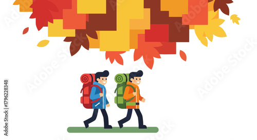 Autumn Hiking Adventure Depicted With Backpackers Exploring Under Colorful Foliage