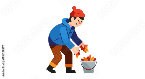 Autumnal Chore: Illustration Of A Person Raking Fallen Leaves into a Bucket