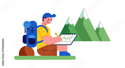 Adventurous Traveler Sketching Majestic Mountains During A Splendid Outdoor Expedition