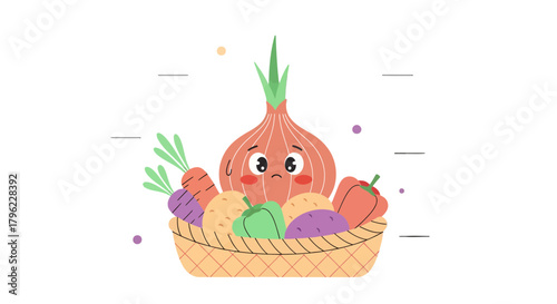 Basket Of Animated Vegetables Displaying Sad Expressions On A Striking Black Background