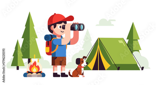 Adventurous Traveler Watching Wildlife Near Campsite With Dog In The Wilderness