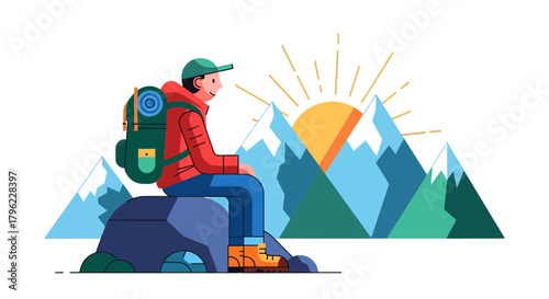 Adventurous Traveler Watching Sunrise Above Majestic Mountains on Black Background