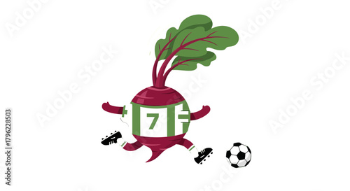 Beetroot Soccer Player Kicking Football Across A Black Background With Green Leaves