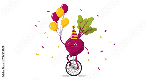 Beetroot With Balloons Celebrating On Unicycle At A Fun Party With Decorations
