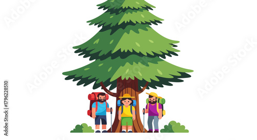 Adventurous Trio Huddled Beneath a Majestic Evergreen Tree Ready For Exploration