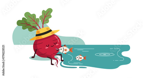 Beets Enjoying The Company Of Fishes, Cartoon Illustration On Green River, Summer Theme