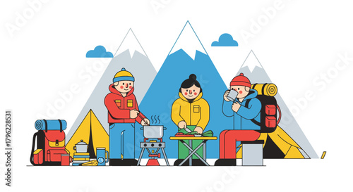 Adventurous Trio Preparing Meal In Front Of Majestic Mountains And Campsite