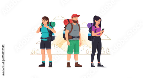 Adventurous Trio: Preparing For The Hike Amidst Scenic Natural Mountain Landscape