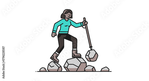 Adventurous Woman Hiking Mountain Terrain, Illustrated On Black with Detailed Outline