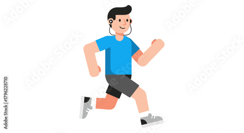 Animated Athlete Jogging with Headphones and Smiling During Cardio Exercise Focus