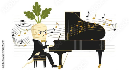 Angry Root Vegetable Plays Piano With Musical Notes Amidst a Dark Background
