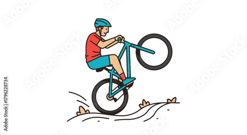 Bicyclist Execute a Wheelie on Bike, Showcasing a Sporty Recreation Adventure Display and