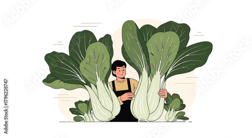 Bok Choy Farmer Holding Harvested Vegetables Under a Moonlit Sky Illustration