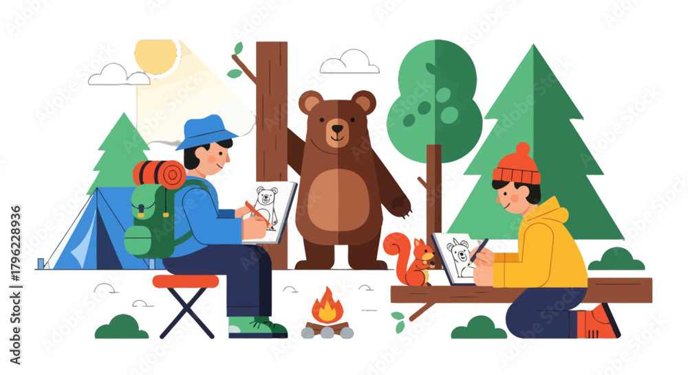 Fototapeta premium Campers Illustrate The Wildlife They Observe On Nature Camping Trip Exploration