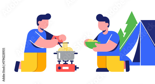 Campers Cook Noodles Beside Tent Under The Stars During Outdoor Adventures