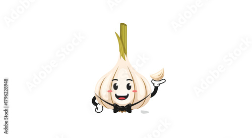Animated Garlic Character Presenting A Slice, Smiling Against The Black Background