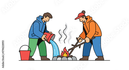 Campfire Activity Illustrates Two Individuals' Cooperation And Teamwork In The Wilderness