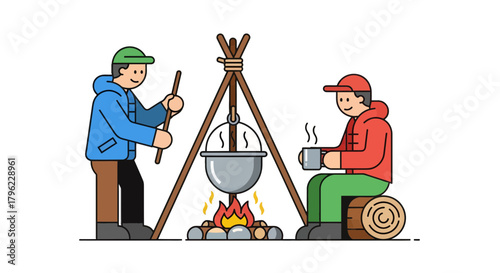 Campfire Companions Enjoying Beverage In a Whimsical Outdoor Cooking Illustration