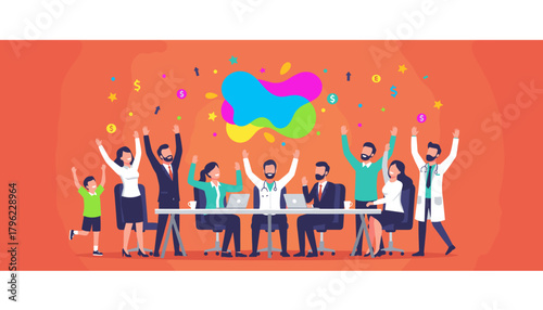 Diverse team celebrating success financial reward and achievement with arms raised in victory