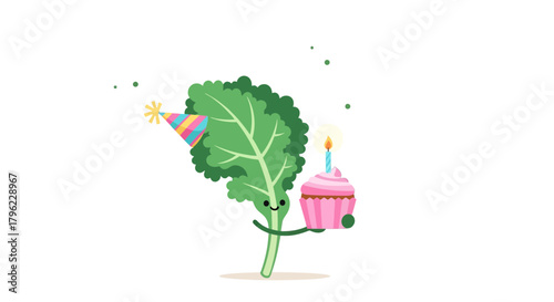 Animated Kale Celebrates a Special Occasion with Sweet Cupcake and a Party Hat Design