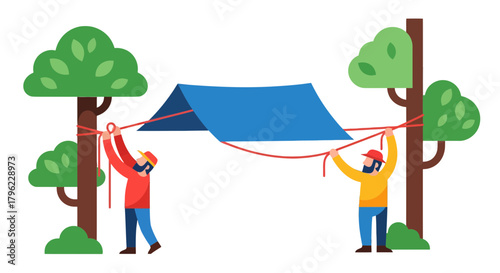 Campers Assembling Tent Between Trees Illustrating Outdoor Survival Adventure and Preparation