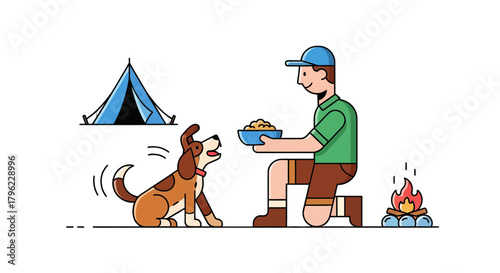 Camping Adventure: A Canine Companion Receives a Nourishing Meal Outdoors With Campfire