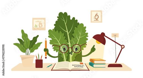 Animated Lettuce Character Studying Botanical Science With Books And Pencil On Table