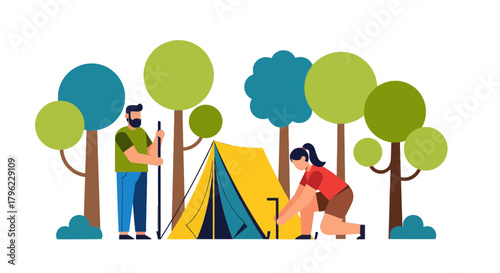 Camping Adventure: Couple Erecting Tent, Enjoying Nature's Beauty, Outdoor Recreation