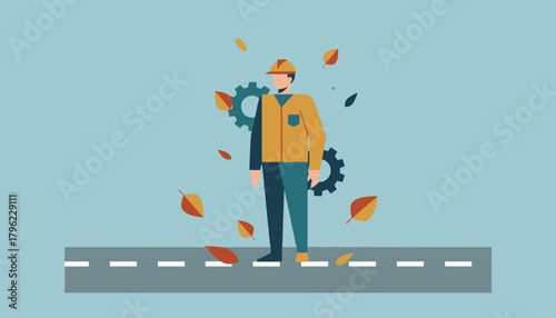 Construction worker illustration with gears cogs and autumn leaves Industrial maintenance concept