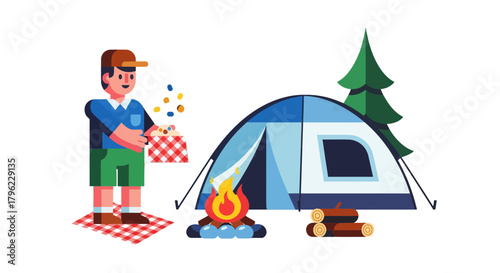 Camping Adventure: Enjoying Food, Fire, and Nature's Restful Scenes
