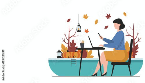 Businesswoman uses laptop and phone outdoors during fall Remote work lifestyle illustration