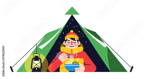 Camping Adventure: Enjoying Noodles Inside A Tent During A Cool Night, Vector Illustration