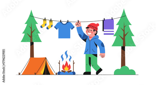 Camping Adventure: Enjoying The Nature, Preparing Clothing Near The Campfire Illustration