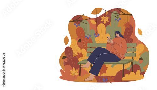 Woman texting on a park bench in vibrant autumn park Fall leisure digital communication