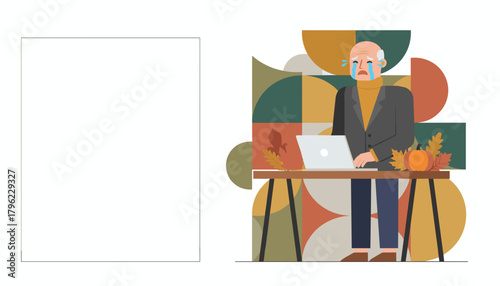 Senior man crying while using a laptop at an autumn desk Stress grief or financial despair