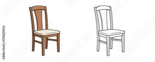 Vector illustration showing a tall wooden dining chair with a brown frame and a light beige seat next to its black and white line art outline for coloring
