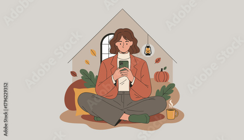 Cozy autumn communication Woman uses phone in a relaxed home setting with fall decor