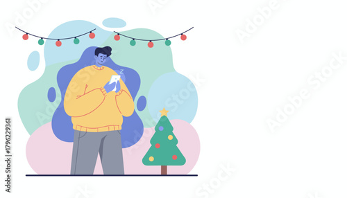 Holiday boredom Man distracted by smartphone next to a Christmas tree and festive lights