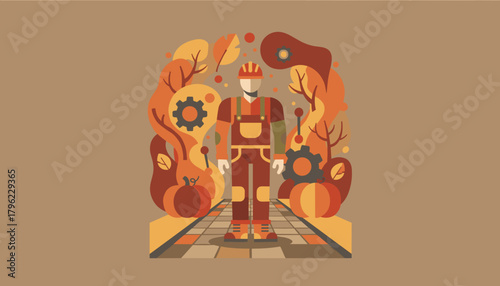 Worker in hardhat surrounded by autumn harvest elements and industry gears Flat vector illustration