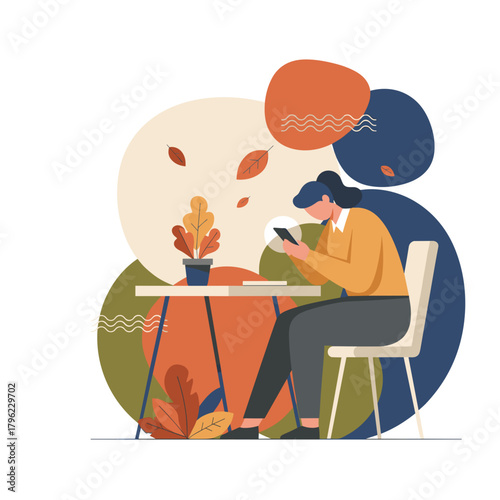 Woman texts on phone while sitting at a table among abstract autumn foliage Digital connection concept
