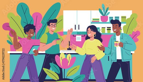 Diverse team enjoying a break drinking coffee and talking in a colorful modern workplace illustration