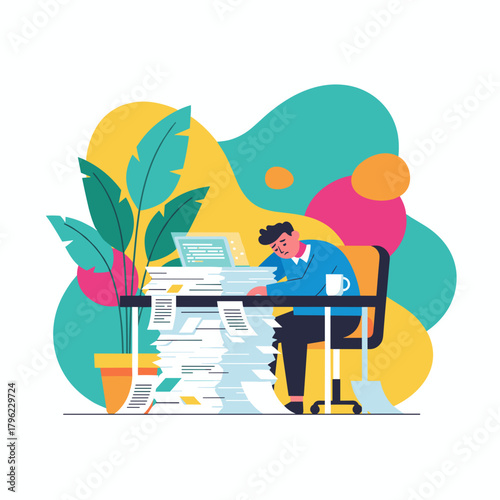 Stressed worker overwhelmed by huge stacks of paperwork and workload Burnout concept