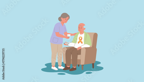 Caregiver helps senior patient with medication illustrating longterm health and chronic illness support