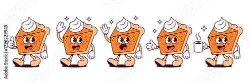 Vintage pumpkin pie cartoon with whipped cream for thanksgiving holiday artwork