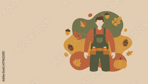 Fall home improvement concept Handyman in overalls with tools and autumn decor illustration
