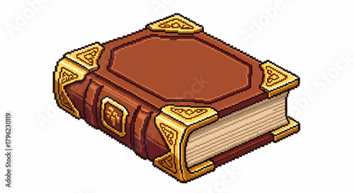 An isometric pixel art illustration of an old, ornate brown book with golden corner protectors and a golden emblem on its spine, resting on a white background.